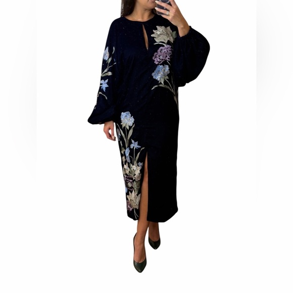 ASOS Dresses & Skirts - ASOS Navy Velvet Floral Embroidered Midi Dress Boho Luxe Long Sleeve Size 0